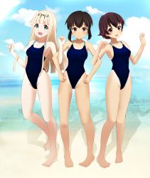  10s 3girls :d barefoot beach black_eyes blonde_hair brown_eyes brown_hair cloud commission competition_swimsuit day fubuki_(kancolle) green_eyes hair_ribbon hands_on_own_hips highleg highleg_swimsuit highres kantai_collection locked_arms long_hair matching_outfits multiple_girls mutsuki_(kancolle) ocean one-piece_swimsuit open_mouth outdoors pigeon-toed ribbon short_hair sidelocks sky smile swimsuit telaform water yuudachi_(kancolle)  rating:Sensitive score:22 user:danbooru