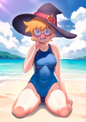  1girl beach blue_eyes blue_one-piece_swimsuit blue_sky blush breasts cloudxmoe covered_navel day glasses hat highres horizon little_witch_academia looking_at_viewer lotte_jansson medium_breasts ocean one-piece_swimsuit open_mouth orange_hair outdoors revision sand shiny_skin short_hair sky smile solo swimsuit witch_hat  rating:Sensitive score:62 user:danbooru