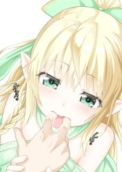 1girl blonde_hair bow braid drooling finger_in_another&#039;s_mouth green_eyes hair_bow niwaka_potato original pointy_ears pov saliva solo_focus tongue tongue_out white_background rating:Sensitive score:25 user:Dweenie
