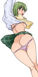  1girl absurdres arai_sayaka ass bra breasts butt_crack clothes_lift clothing_aside female_focus highres medium_breasts open_clothes panties pussy scared school_uniform shirt skirt skirt_lift solo third-party_edit to_love-ru transparent_background underwear 