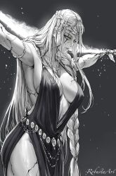  1girl armlet armpits artist_name belt bracelet braid breasts cleavage cowboy_shot cracked_skin crown crucifixion dress elden_ring greyscale hair_over_shoulder highres jewelry large_breasts long_hair monochrome necklace outstretched_arms plunging_neckline queen queen_marika_the_eternal robusta_mania side_slit side_split solo spread_arms t-pose very_long_hair yellow_eyes  rating:Sensitive score:65 user:danbooru