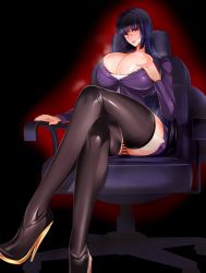  1girl breasts bursting_breasts censored chair glasses highres huge_breasts puropera_(puropera) pussy red_eyes  rating:Questionable score:29 user:Marcerner