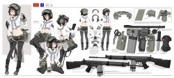  1girl absurdres ammunition_pouch battle_rifle belt black_gloves black_hair black_pantyhose character_name character_sheet combat_knife crop_top crossed_ankles fn_fal glasses gloves gun headset highres kneeling knife leg_up looking_at_viewer midriff military multiple_views navel nusisring_tactical original pantyhose pouch radio rifle scissors short_hair tactical_clothes tiptoes vectorek weapon weisheng_lyu 