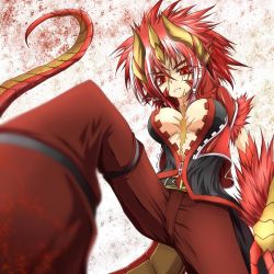  1girl breasts cleavage dein_(g_(genesis1556)) dragon_girl dragon_horns dragon_tail femdom g_(genesis1556) grin highres horns large_breasts monster_girl open_mouth pants red_eyes red_hair scar scar_on_face smile solo stepped_on tail teeth  rating:Questionable score:4 user:a_g
