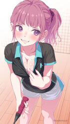  1girl absurdres badminton_racket blush breasts brown_hair cleavage collarbone collared_shirt covered_erect_nipples from_above highres holding holding_racket kanikatsuya mole mole_on_breast original ponytail purple_eyes racket shirt short_sleeves shorts smile solo sweat white_shirt white_shorts 