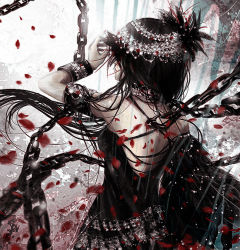  1girl black_hair blood chain dress female_focus from_behind jewelry long_hair petals pou_(2) red_petals sleeveless solo standing upper_body 