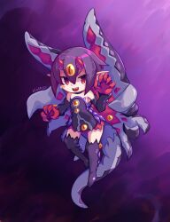  1girl :d artist_name blush_stickers boots chaoschao choker claw_pose claws commentary desco_(disgaea) detached_sleeves disgaea dress extra_eyes full_body gloves hair_between_eyes horns looking_at_viewer makai_senki_disgaea_4 monster_girl open_mouth purple_choker purple_dress purple_footwear purple_hair purple_sleeves red_eyes red_gloves red_horns ringed_eyes sharp_teeth short_hair signature simple_background sleeveless sleeveless_dress slit_pupils smile solo tail teeth tentacles thigh_boots upper_teeth_only 