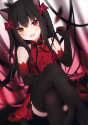  :d absurdres amashiro_natsuki animal_ears bare_shoulders black_hair blush bow bowtie cat_ears crossed_legs dress elbow_gloves fang gloves hair_between_eyes hair_ribbon heterochromia highres looking_at_viewer open_mouth red_dress red_eyes ribbon short_dress sitting smile solo tagme thighhighs wings yellow_eyes  rating:Sensitive score:15 user:backontrack