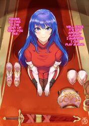  1girl armor blue_eyes blue_hair blue_nails boots breasts caeda_(fire_emblem) unworn_clothes commentary dogeza elbow_gloves english_commentary english_text fingerless_gloves fire_emblem fire_emblem:_mystery_of_the_emblem fire_emblem:_shadow_dragon_and_the_blade_of_light folded_clothes from_above gloves highres kneeling long_hair looking_at_viewer looking_up medium_breasts nail_polish nintendo on_floor pelvic_curtain pov princess revolverwing shoes smile solo sword thighhighs thighs weapon  rating:Sensitive score:77 user:danbooru