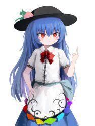  1girl black_hat blue_hair blue_skirt blush bow bowtie collared_shirt cowboy_shot fruit_hat_ornament hand_on_own_hip hat highres hinanawi_tenshi long_hair middle_finger rainbow_order red_bow red_bowtie red_eyes reverinth shirt short_sleeves simple_background sketch skirt touhou v-shaped_eyebrows white_background white_shirt 