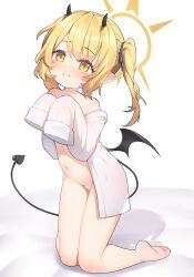  1girl absurdres bare_shoulders barefoot black_ribbon blonde_hair blue_archive blush bottomless closed_mouth commentary_request demon_girl demon_horns demon_tail demon_wings female_focus freehoney full_body hair_ribbon halo highres horns ibuki_(blue_archive) kneeling loli long_sleeves looking_at_viewer naked_shirt navel oversized_clothes pointy_ears ribbon shadow shirt sleeves_past_fingers sleeves_past_wrists smile soles solo tail toes twintails white_background white_shirt wings yellow_eyes yellow_halo  rating:Questionable score:84 user:danbooru