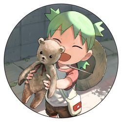 1girl :d brown_shorts circle closed_eyes commentary_request day duralumin facing_viewer green_hair hat hat_on_back holding holding_stuffed_toy koiwai_yotsuba matsuura_kento medium_hair open_mouth outdoors pouch quad_tails raglan_sleeves red_sleeves road round_image shadow shirt short_shorts short_sleeves shorts smile solo straw_hat stuffed_animal stuffed_toy teddy_bear transparent_background unworn_hat unworn_headwear wall white_bag white_shirt yotsubato!
