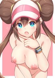  1girl :o blue_eyes blush bow breasts brown_hair creatures_(company) double_bun game_freak hair_between_eyes hair_bun hand_on_own_chin hat highres large_breasts leaning_forward long_hair looking_at_viewer nintendo nipples nude nude_filter open_mouth pokemon pokemon_bw2 pokemon_masters_ex rosa_(pokemon) shiyo_yoyoyo simple_background solo stroking_own_chin third-party_edit twintails upper_body very_long_hair visor_cap watch wristwatch  rating:Explicit score:109 user:shelly69