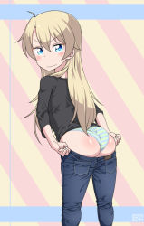  10s 1girl ahoge ass blonde_hair blue_eyes blush denim ekz_(robotekz) from_behind inconvenient_ass jeans long_hair looking_at_viewer new_game! panties pants shiny_skin solo standing striped_clothes striped_panties underwear yagami_kou  rating:Questionable score:96 user:armorcrystal