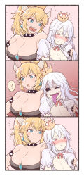  2girls 3koma ? armlet bare_shoulders black_dress black_sclera blonde_hair blue_eyes blush bowsette breasts brooch cleavage closed_eyes collar collarbone colored_eyelashes colored_sclera comic commentary_request contllenge crazy_eyes crazy_smile detached_collar dress earrings fangs fingernails frilled_collar frilled_dress frilled_sleeves frills full-face_blush gameplay_mechanics hair_between_eyes hands_on_another&#039;s_shoulders highres jewelry large_breasts long_fingernails long_hair long_tongue looking_at_another looking_away luigi&#039;s_mansion mario_(series) motion_lines multiple_girls nail_polish new_super_mario_bros._u_deluxe nintendo open_mouth pointy_ears ponytail princess_king_boo puffy_short_sleeves puffy_sleeves red_eyes shaded_face sharp_teeth short_sleeves smile spiked_armlet spiked_collar spikes spoken_question_mark super_crown teeth tilted_headwear tongue tongue_out tsundere wavy_mouth white_dress white_hair  rating:Sensitive score:65 user:danbooru