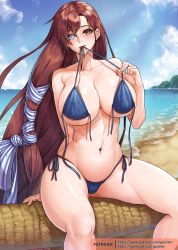 1girl arm_support bare_shoulders beach bikini bikini_in_mouth bikini_pull bird blue_bikini blue_sky breasts brown_eyes brown_hair cameltoe cleavage cleft_of_venus clothes_in_mouth clothes_pull cloud gonster heterochromia highres large_breasts last_origin long_hair looking_at_viewer navel open_clothes purple_eyes sand shore side-tie_bikini_bottom sitting sky solo swimsuit thighs tree_trunk underboob untied_bikini valkyrie_(last_origin) very_long_hair water rating:Questionable score:85 user:DoctorWasabi