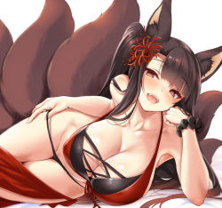  1girl akagi_(azur_lane) animal_ears azur_lane bare_shoulders bikini bikini_pull black_bikini blunt_bangs blush bracelet breasts brown_hair cle_masahiro cleavage clothes_pull collarbone eyeliner fangs flower fox_ears fox_tail front-tie_bikini_top front-tie_top hair_flower hair_ornament head_rest heart heart-shaped_pupils highres huge_breasts jewelry kitsune legs legs_together long_hair looking_at_viewer lying makeup multiple_tails on_side open_mouth pussy pussy_peek red_bikini red_eyes sarong scrunchie simple_background smile solo swimsuit symbol-shaped_pupils tail thigh_gap thighs white_background wrist_scrunchie  rating:Explicit score:66 user:Ynyswydryn