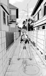 1girl between_breasts blush breasts breasts_out clothes_lift exhibitionism female_pervert female_pubic_hair glasses glint greyscale highres house jimiko kazumi_yoshiyuki large_breasts lifted_by_self looking_at_viewer medium_hair monochrome necktie necktie_between_breasts nipples open_mouth original outdoors pee peeing pervert plant pubic_hair public_indecency round_eyewear skirt skirt_lift solo standing sweat thighhighs tongue tongue_out tree rating:Explicit score:101 user:danbooru
