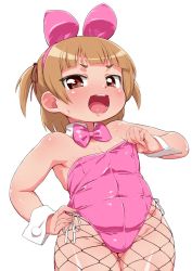  1girl bare_shoulders blush bow bowtie brown_eyes brown_hair detached_collar fingernails fishnet_pantyhose fishnets flat_chest hair_ribbon hairband hand_on_own_hip leotard loli looking_at_viewer marui_mitsuba mitsudomoe open_mouth pantyhose pink_bow pink_bowtie pink_hairband playboy_bunny ribbon senzoc short_hair side_ponytail simple_background solo sweat teeth white_background  rating:Questionable score:128 user:danbooru