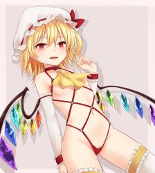  1girl adapted_costume arm_at_side ascot blonde_hair blush border bow breasts choker commentary_request cowboy_shot crystal detached_sleeves dutch_angle flandre_scarlet frilled_sleeves frilled_thighhighs frills grey_background grey_border groin hair_between_eyes hand_on_own_thigh hand_up happy harness hat hat_bow highleg highleg_leotard leotard long_sleeves looking_at_viewer miyo_(ranthath) mob_cap navel o-ring one_side_up open_mouth outside_border parted_bangs rainbow_order red_bow red_choker red_eyes red_leotard revealing_clothes ribbon_trim shadow short_hair simple_background small_breasts smile solo standing stomach straight_hair thighhighs touhou twirling_hair underboob white_hat white_thighhighs wings wrist_cuffs yellow_ascot  rating:Questionable score:20 user:danbooru
