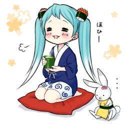 ... 1girl 1other =_= abbreviated_karakusa aqua_hair blue_kimono blush body_writing borrowed_design cup cushion drawing_on_another&#039;s_face fish_(food) floral_background food food-themed_hair_ornament full_body ginger_root gradient_hair green_tea hair_ornament hatsune_miku holding holding_cup japanese_clothes kimono kotobuki0101 long_hair makizushi multicolored_hair nigirizushi open_mouth puff_of_air rabbit rabbit_yukine roe seiza shorts sitting smile steam sushi tea teacup twintails vocaloid white_background white_shorts yuki_miku yuki_miku_(2022)_(applicant)