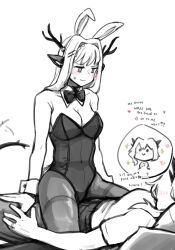  alina_(arknights) animal_ears antlers arknights blush bow bowtie breasts cleavage deer_antlers deer_ears deer_girl detached_sleeves dragon_girl dragon_horns dragon_tail english_text fake_animal_ears greyscale highres horns leotard long_hair looking_at_another medium_breasts monochrome pants pantyhose playboy_bunny shirt silverxp simple_background spot_color straddling strapless strapless_leotard sweatdrop tail tail_wagging talulah_(arknights) white_background yuri 