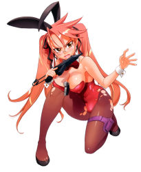1girl absurdres animal_ears bare_shoulders between_breasts black_pantyhose breasts cleavage curvy detached_collar fake_animal_ears fang female_focus full_body glasses gun hair_ribbon handgun high_heels highres highschool_of_the_dead huge_breasts kneeling large_breasts leotard long_hair on_one_knee open_mouth pantyhose pink_hair pistol playboy_bunny pouch rabbit_ears ribbon satou_shouji scan shiny_skin shoes simple_background skorpion_vz._61 solo squatting submachine_gun sweat takagi_saya thigh_pouch thigh_strap toe_cleavage torn_clothes torn_pantyhose twintails weapon white_background wrist_cuffs yellow_eyes rating:Sensitive score:109 user:danbooru