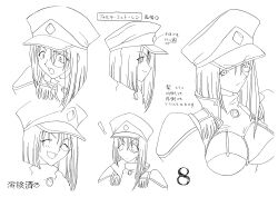 00s 1girl absurdres breasts card_(medium) character_sheet cleavage forte_stollen galaxy_angel hat highres large_breasts looking_at_viewer monochrome monocle multiple_views official_art scan short_hair simple_background smile solo standing thick_thighs thighs white_background