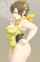  1girl armpits ass bad_id bad_pixiv_id bare_legs breasts brown_eyes brown_hair curvy hair_ornament hand_on_own_hip hip_focus large_breasts leotard lips maou_alba nene nene_(sengoku_musou) plump sengoku_musou sengoku_musou_3 short_hair sleeveless smile solo thick_thighs thighs  rating:Sensitive score:80 user:danbooru