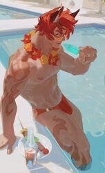  1boy abs bara bulge flower flower_necklace food from_side highres holding holding_food holding_popsicle jewelry large_pectorals league_of_legends looking_at_viewer male_focus male_swimwear muscular muscular_male navel necklace nipples pectorals poolside popsicle red_hair sanpaku scar scar_on_face sett_(league_of_legends) short_hair solo stomach swim_briefs topless_male wading yodenn_4 