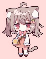  1girl ahoge animal_ear_fluff animal_ears bag blush_stickers bobby_socks bow brown_eyes brown_footwear brown_hair brown_skirt cat_ears cat_girl cat_tail cherry_hair_ornament chibi closed_mouth commentary_request food-themed_hair_ornament full_body hair_between_eyes hair_ornament hairclip highres long_sleeves looking_at_viewer nakkar original pink_background pink_bow plaid plaid_bow pleated_skirt polka_dot puffy_long_sleeves puffy_sleeves shirt shoes shoulder_bag skirt sleeves_past_wrists socks solo standing tail twintails twitter_username white_shirt white_socks 