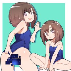  1girl against_wall ass brown_eyes brown_hair censored clothes_pull clothing_aside come_hither commentary flat_chest indian_style kilt_hide kitanaga medium_hair one-piece_swimsuit_pull school_swimsuit simple_background sitting smile swimsuit swimsuit_aside teasing ueno-san_wa_bukiyou yucopi  rating:Sensitive score:61 user:danbooru