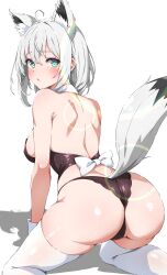  1girl absurdres ahoge alternate_costume animal_ear_fluff animal_ear_piercing animal_ears ass back_bow backless_outfit bare_shoulders black_panties blush bow breasts commentary crop_top detached_collar fox_ears fox_girl fox_tail green_eyes grey_hair hair_between_eyes highres hololive isakoro_(hx9cj) kneeling large_breasts lens_flare looking_at_viewer median_furrow panties parted_lips shadow shiny_skin shirakami_fubuki short_hair shoulder_blades sidelocks simple_background solo strapless string_panties tail tail_raised thighhighs underwear virtual_youtuber white_background white_bow white_thighhighs white_wrist_cuffs wrist_cuffs 