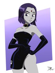 1girl ass bare_shoulders breasts cleavage collar dalley-the-alpha dc_comics dress elbow_gloves gloves highres looking_down medium_breasts no_panties purple_eyes purple_hair raven_(dc) short_hair solo standing teen_titans rating:Questionable score:100 user:Tsukasa47