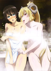  2girls :d :o :p absurdres aqua_eyes bare_arms bare_legs bare_shoulders black_hair blonde_hair blush breasts cityscape cleavage collarbone convenient_censoring covering_privates crown demon_girl diadem embarrassed eye_contact female_focus groin hair_between_eyes hair_censor head_tilt high_ponytail highres horns interspecies large_breasts legs licking long_hair looking_at_another lucifer_(sin_nanatsu_no_taizai) lucifer_(the_seven_deadly_sins) moaning multiple_girls naked_towel navel neck night nude nude_cover official_art open_mouth red_eyes shiny_skin short_hair shy sin_nanatsu_no_taizai sitting smile steam steam_censor the_seven_deadly_sins tongue tongue_out totsuka_maria towel underboob very_long_hair white_towel yuri  rating:Questionable score:51 user:danbooru