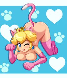  1girl animal_ears ass bent_over blue_eyes breast_press breasts cat_ears cat_tail cleavage crown earrings highres jewelry large_breasts mario_(series) nintendo nude paw_pose princess_peach sigurd_hosenfeld solo super_mario_3d_world super_mario_bros._1 tail wink  rating:Explicit score:138 user:Rathalos