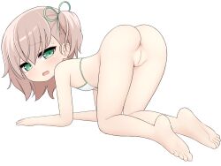  1girl all_fours ami_(ammy33) anus ass ass_focus bikini bottomless cleft_of_venus feet full_body green_eyes loli looking_at_viewer open_mouth original pussy simple_background solo swimsuit toes white_background  rating:Explicit score:75 user:justthistime