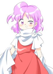  1girl :d blush dress nonamejd official_style open_mouth parted_bangs pink_eyes pink_hair red_dress sara_(touhou) short_hair simple_background smile solo touhou touhou_(pc-98) uneven_eyes white_background zun_(style) 