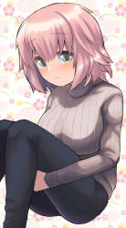  1girl black_pants breasts brown_sweater closed_mouth commentary_request denim feet_out_of_frame floral_background green_eyes hair_between_eyes highres hugging_own_legs jeans knees_together_feet_apart knees_up large_breasts long_sleeves looking_at_viewer m.m original pants pink_hair ribbed_sweater simple_background sitting solo sweater turtleneck turtleneck_sweater white_background 