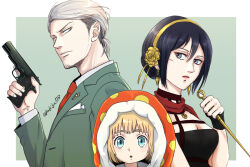  1girl 2boys alternate_costume anya_(spy_x_family) anya_(spy_x_family)_(cosplay) armin_arlert artist_name black_dress black_hair blonde_hair blue_eyes brown_hair closed_mouth commentary commentary_request cosplay dress earrings english_commentary facial_hair formal grey_eyes gun hair_ornament hairband holding holding_gun holding_weapon hood hood_up jean_kirstein jewelry kakiba518 looking_at_viewer mikasa_ackerman mixed-language_commentary multiple_boys necktie open_mouth red_necktie shingeki_no_kyojin spy_x_family stubble suit twilight_(spy_x_family) twilight_(spy_x_family)_(cosplay) twitter_username weapon yor_briar yor_briar_(cosplay) 