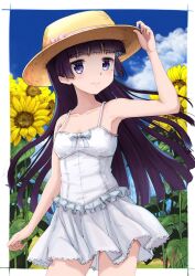  1girl arm_at_side armpits bare_arms bare_shoulders black_hair blue_eyes blue_sky border closed_mouth cloud collarbone commentary_request contrapposto cowboy_shot dress flat_chest floating_hair flower frilled_dress frills gokou_ruri hand_on_headwear hat highres light_blush light_smile long_hair looking_at_viewer mole mole_under_eye ore_no_imouto_ga_konna_ni_kawaii_wake_ga_nai outside_border sky sleeveless sleeveless_dress solo standing straw_hat sundress sunflower telaform very_long_hair white_border white_dress 