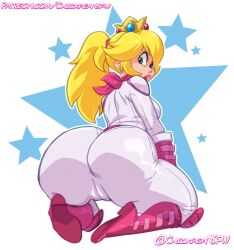 1girl ass ass_focus blonde_hair blue_eyes blush bodysuit breasts butt_crack cameltoe chickpea cleft_of_venus clothes_lift cowboy_shot crown curvy full_body gloves highres huge_ass kneeling long_hair looking_at_viewer looking_back mario_(series) medium_breasts nintendo open_mouth parted_lips pink_gloves pink_scarf ponytail princess_peach scarf shiny_clothes simple_background skirt skirt_lift solo standing star_(symbol) the_super_mario_bros._movie thick_thighs thighs white_background wide_hips rating:Questionable score:93 user:fakyuh