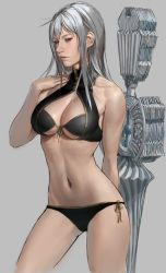  00s 1girl bikini breasts cleavage clothing_cutout cowboy_shot front-tie_top grey_background highres idnar medium_breasts navel realistic sega selvaria_bles senjou_no_valkyria_(series) side-tie_bottom silver_hair solo swimsuit underboob_cutout 