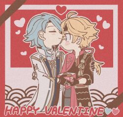  2boys ^_^ ahoge black_gloves black_shirt blonde_hair blue_hair blue_pants blush border box candy chocolate chocolate_heart closed_eyes closed_mouth commentary_request cropped_jacket earrings fingerless_gloves food genshin_impact gloves gold_trim green_eyes hair_between_eyes hair_over_shoulder happy_valentine heart holding holding_box hug jacket japanese_clothes jewelry kamisato_ayato kimono lapels long_hair long_sleeves looking_at_another low_ponytail male_focus medium_hair mugime_(oretekisunshine) multiple_boys open_clothes open_jacket outline pants parted_bangs ponytail red_background red_border red_jacket seigaiha shirt simple_background sleeves_rolled_up smile standing stud_earrings swept_bangs tassel thoma_(genshin_impact) white_background white_jacket white_outline white_pants wide_sleeves yaoi 