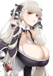 1girl :o absurdly_long_hair ascot azur_lane blush breasts choker cleavage collarbone commentary_request corset dress earrings formidable_(azur_lane) frills from_side hair_ribbon twirling_hair highres huge_breasts jewelry lips long_hair nakano_sora open_mouth red_eyes ribbon solo twintails two-tone_ribbon very_long_hair white_background rating:Sensitive score:58 user:danbooru