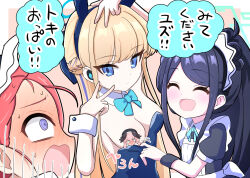  3girls animal_ears apron aris_(blue_archive) aris_(maid)_(blue_archive) black_dress black_hair blonde_hair blue_archive blue_bow blue_bowtie blue_eyes blue_hair blue_halo blue_leotard bow bowtie breasts censored censored_nipples character_censor closed_eyes closed_mouth detached_collar double_v dress fake_animal_ears halo highres koharu_(blue_archive) leotard leotard_pull long_hair maid maid_headdress medium_breasts multicolored_hair multiple_girls novelty_censor open_mouth playboy_bunny puffy_short_sleeves puffy_sleeves pulling_another&#039;s_clothes purple_eyes rabbit_ears red_hair short_sleeves smile speech_bubble streaked_hair toki_(blue_archive) toki_(bunny)_(blue_archive) translation_request v white_apron white_wrist_cuffs whitelily_toast wrist_cuffs yuzu_(blue_archive) yuzu_(maid)_(blue_archive) 