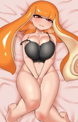 1girl bare_shoulders barefoot bed_sheet black_bra blunt_bangs blush bottomless bra breasts cleavage collarbone commentary covering_crotch covering_privates embarrassed feet_out_of_frame groin heavy_breathing highres inkling inkling_girl inkling_player_character large_breasts long_hair looking_down lying navel nintendo on_back open_mouth orange_hair pero_(pero7762) pointy_ears red_eyes solo splatoon_(series) stomach strap_slip sweat symbol-only_commentary tentacle_hair twintails underwear very_long_hair  rating:Questionable score:18 user:danbooru