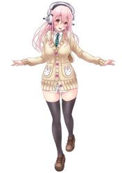  1girl absurdres blush breasts cardigan full_body headphones highres large_breasts long_hair looking_at_viewer nitroplus no_pants open_mouth pink_eyes pink_hair solo super_sonico thighhighs transparent_background v-mag  rating:Sensitive score:17 user:danbooru
