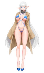  1girl absurdres arms_at_sides blue_eyes blue_footwear borrowed_character breasts brown_coat character_request closed_mouth coat collar commentary_request gluteal_fold grey_hair highres large_breasts light_blush long_hair long_sleeves looking_at_viewer matmaj mole mole_under_eye navel o-ring o-ring_swimsuit open_clothes open_coat original pointy_ears shoes sidelocks simple_background sleeves_past_fingers sleeves_past_wrists solo standing swimsuit trench_coat underboob very_long_hair white_background 