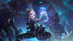  1girl absurdres annie_(league_of_legends) aurora blonde_hair blue_eyes closed_mouth highres holding holding_stuffed_toy league_of_legends looking_ahead magic night night_sky official_alternate_costume official_alternate_hairstyle official_art outdoors sidelocks sitting sky smile snowflakes snowing solo stuffed_toy tibbers winterblessed_annie 